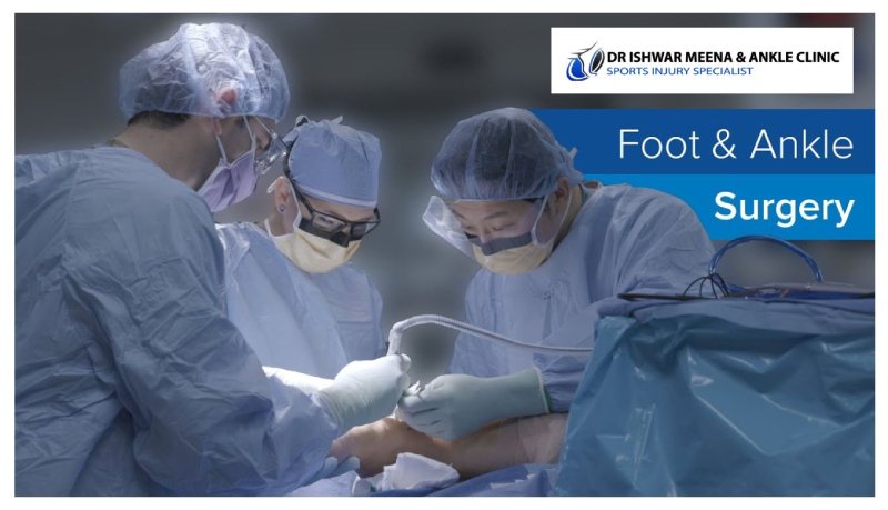 Surgical team performing a foot and ankle procedure in an operating room, showcasing a medical team working on a patient's foot.